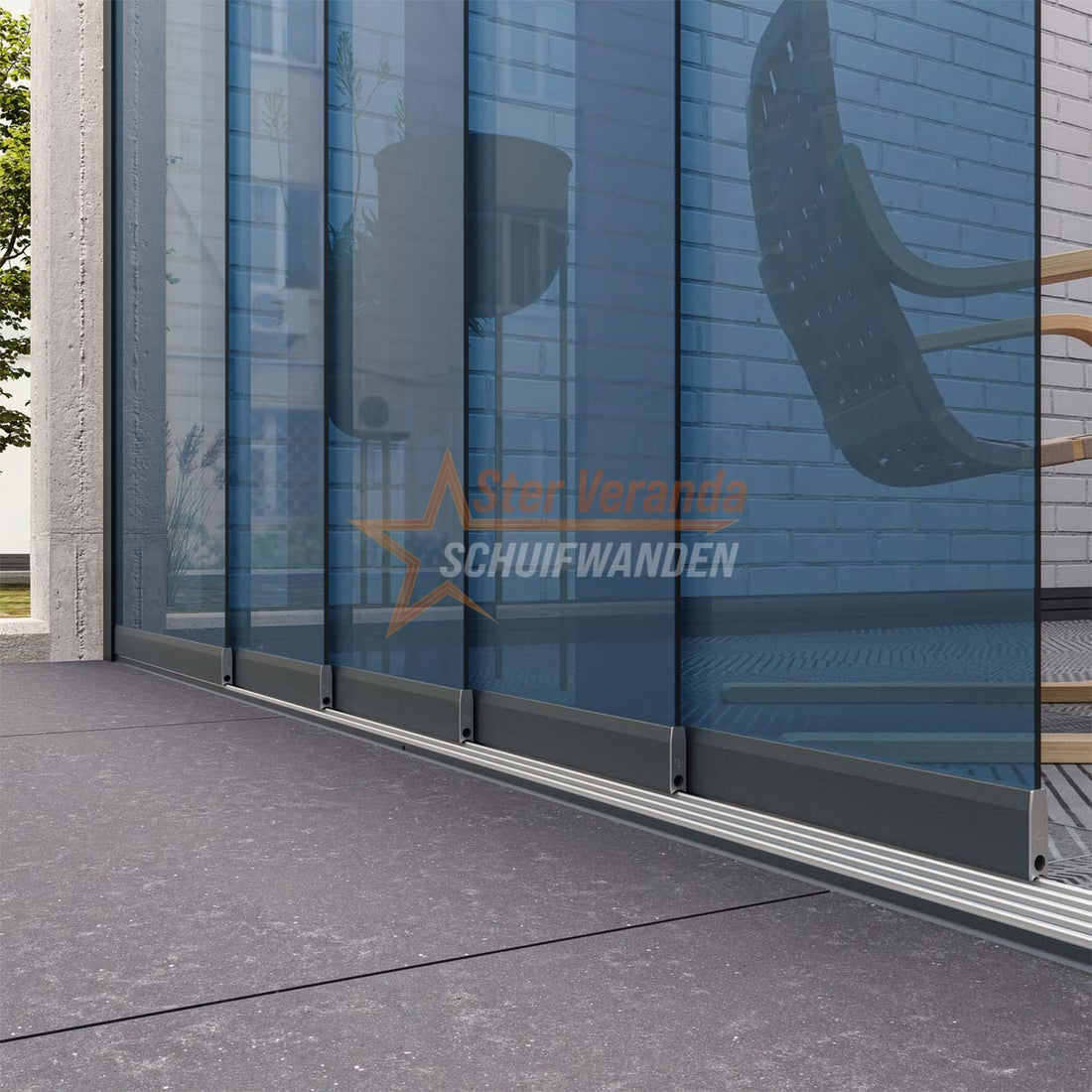 5-Rail Glazen Schuifwand tot 5030 mm breed (5x 1030mm glas)
