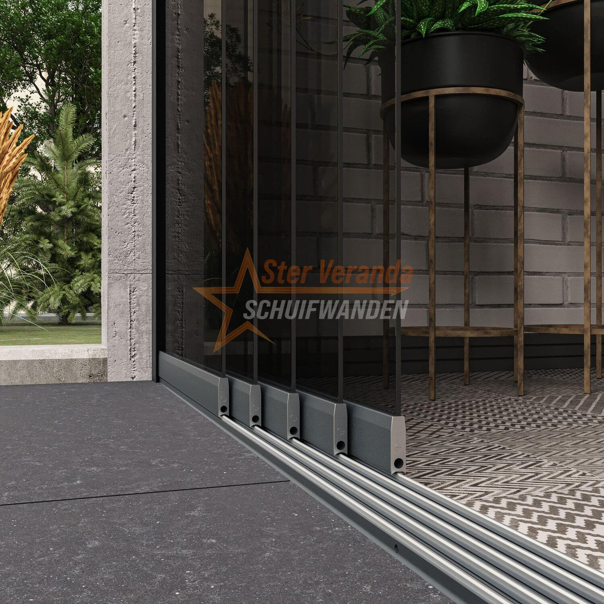 5-Rail Glazen Schuifwand tot 3980 mm breed (5x 820mm glas)