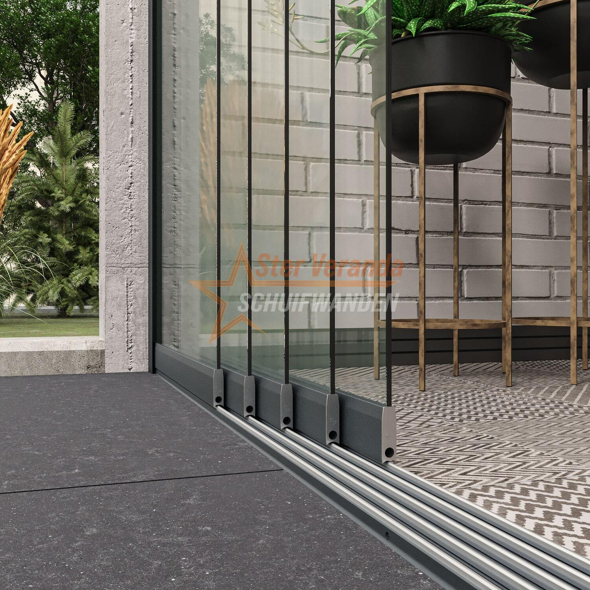 5-Rail Glazen Schuifwand tot 3980 mm breed (5x 820mm glas)