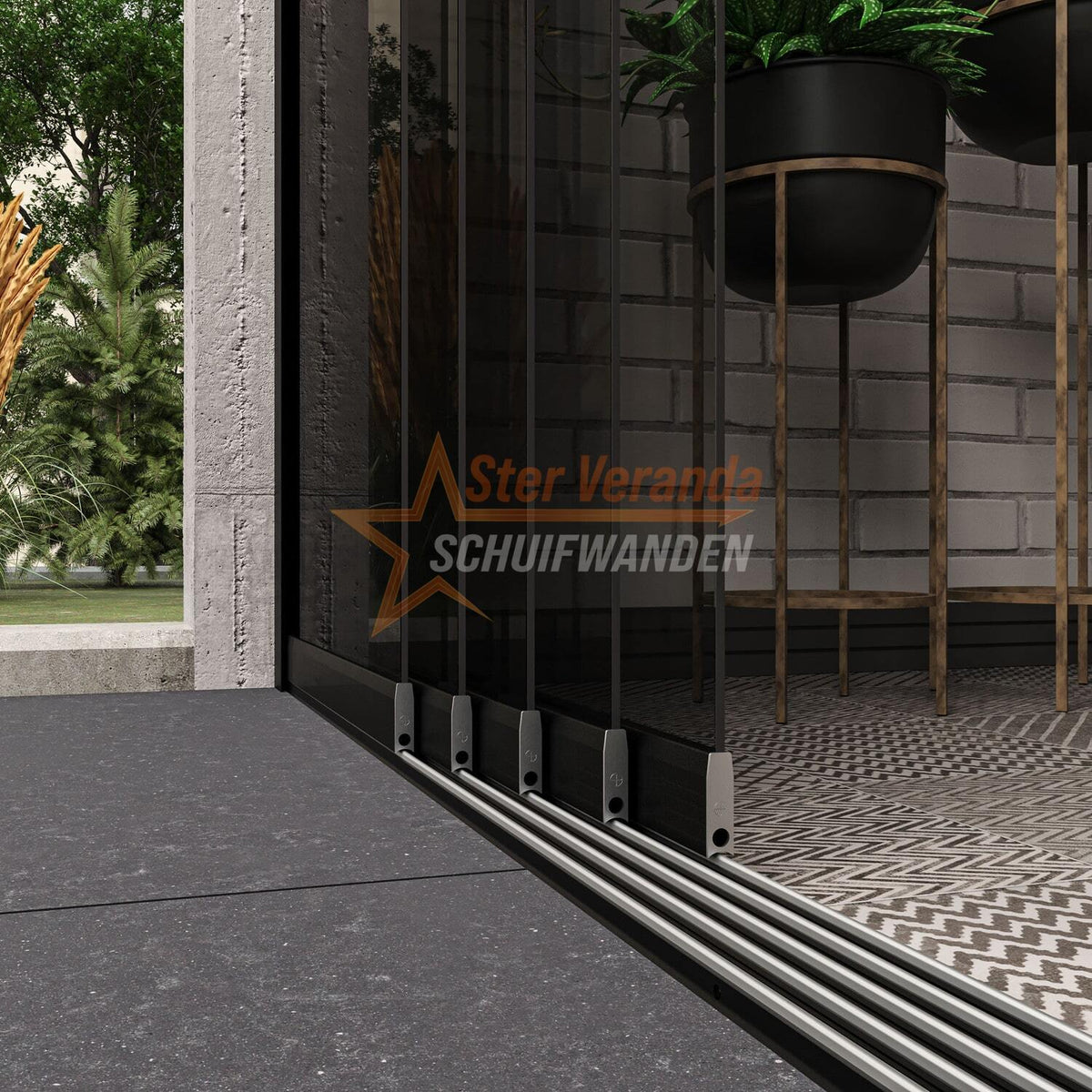 5-Rail Glazen Schuifwand tot 3980 mm breed (5x 820mm glas)