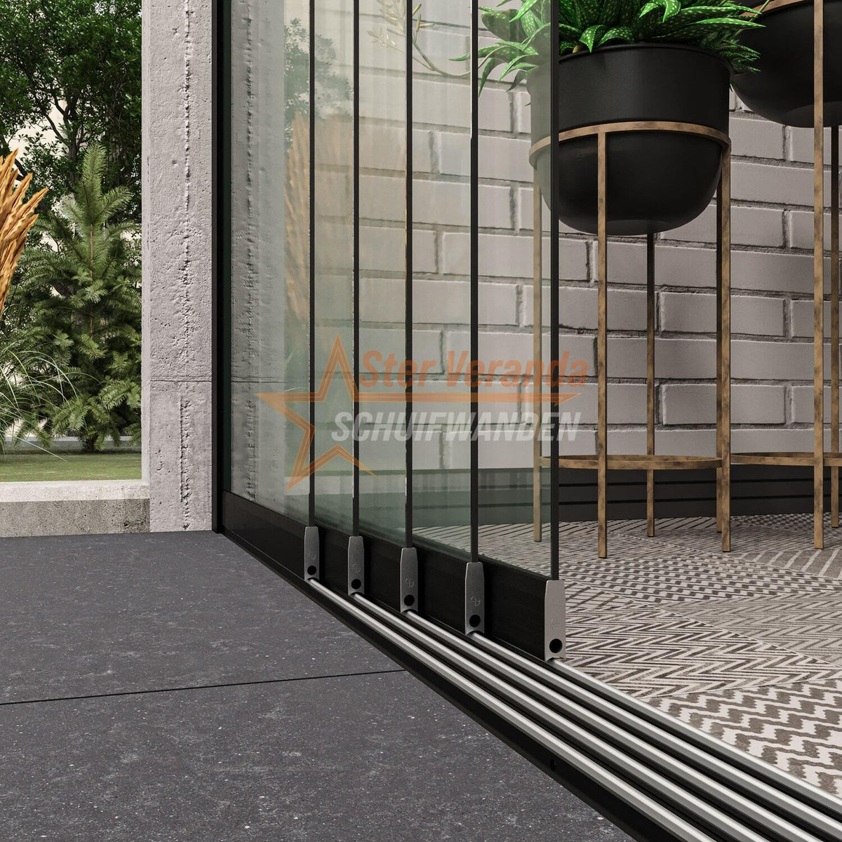 5-Rail Glazen Schuifwand tot 3980 mm breed (5x 820mm glas)
